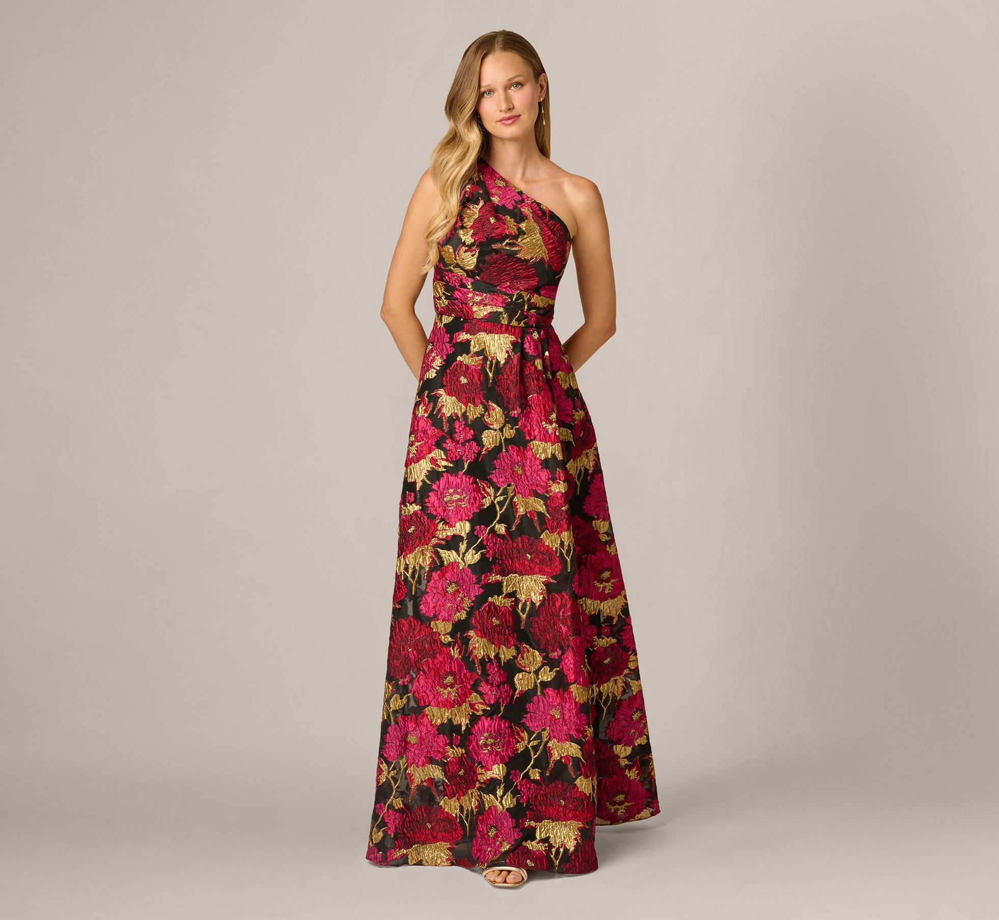 One Shoulder Metallic Floral Jacquard Gown In Black Pink Multi 1