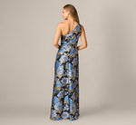 One Shoulder Metallic Floral Jacquard Gown In Navy Blue Multi 5