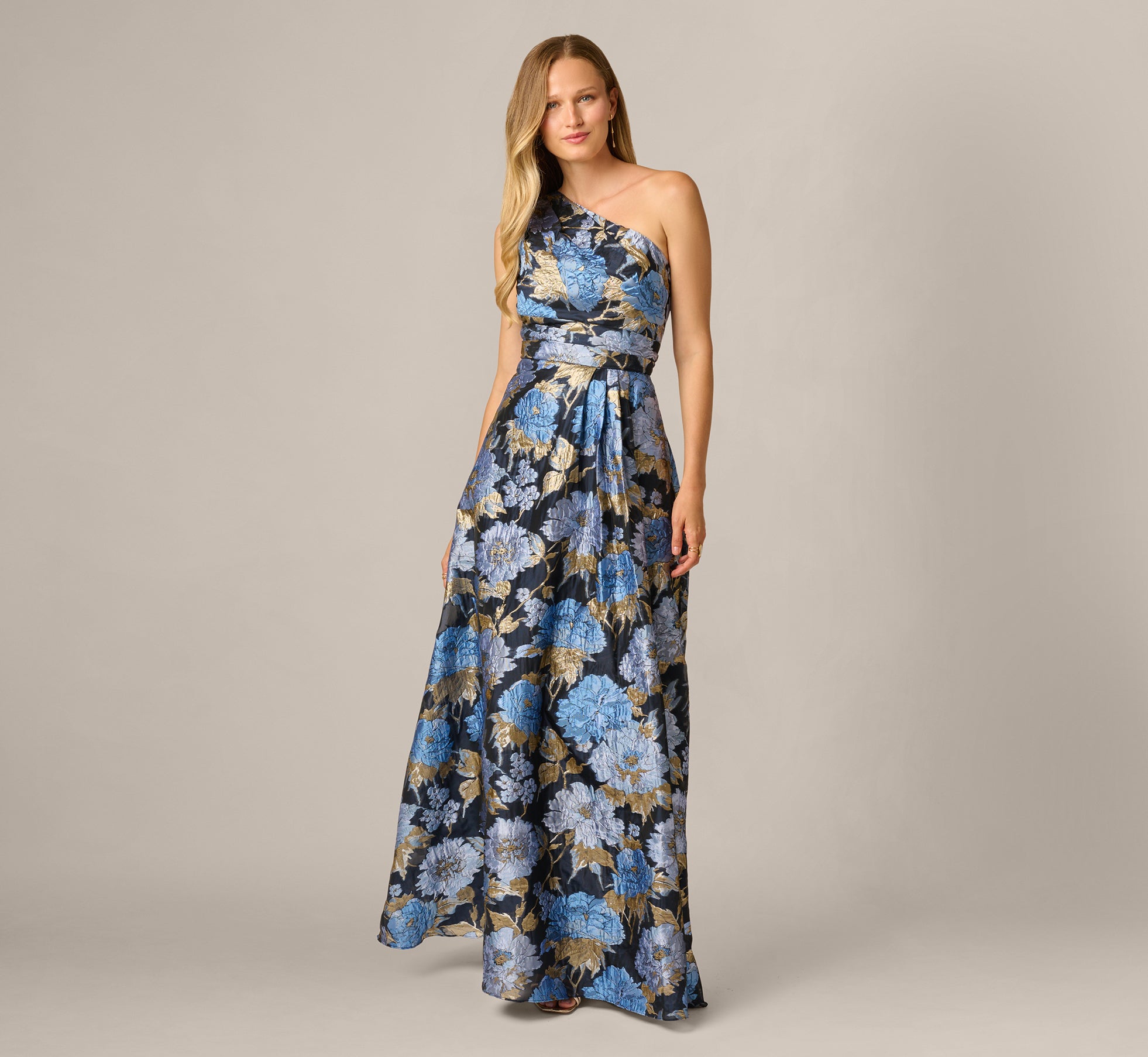 one shoulder jacquard dress in blue gold Navy Metallic Floral Gown Size:12.5 Out of stock LACE KEYHOLE MAXI DRESS IN BLACK sculptural silhouette Vina Lace Slip Dress