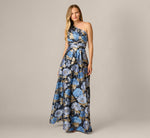 One Shoulder Metallic Floral Jacquard Gown In Navy Blue Multi 2