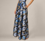 One Shoulder Metallic Floral Jacquard Gown In Navy Blue Multi 4