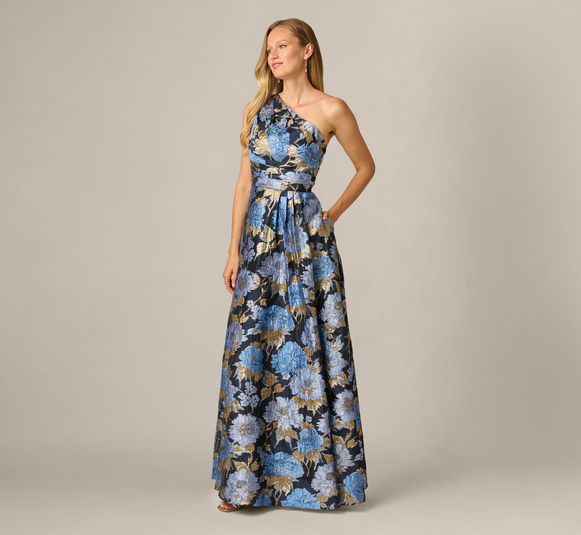 One Shoulder Metallic Floral Jacquard Gown In Navy Blue Multi 1