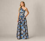 One Shoulder Metallic Floral Jacquard Gown In Navy Blue Multi 1