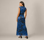 Metallic Crinkle Floral Mock Neck Ruched Gown In Blue Black Multi 6