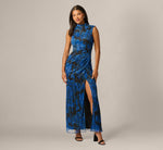 Metallic Crinkle Floral Mock Neck Ruched Gown In Blue Black Multi 3