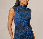 Metallic Crinkle Floral Mock Neck Ruched Gown In Blue Black Multi 5