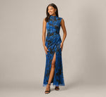 Metallic Crinkle Floral Mock Neck Ruched Gown In Blue Black Multi 2