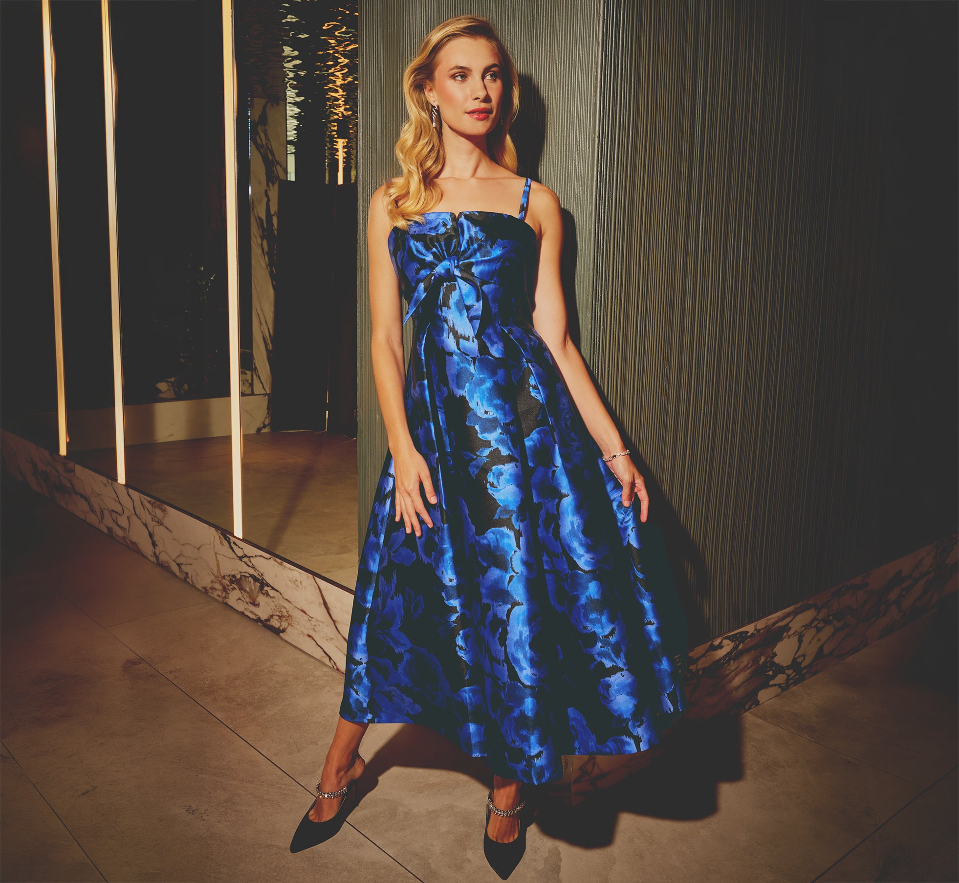 Ikat Floral Knot Front Ankle Length Dress In Blue Black Multi 1