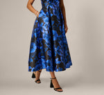Ikat Floral Knot Front Ankle Length Dress In Blue Black Multi 4
