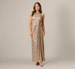 Crinkle Metallic Draped Stretch Halter Gown In Rosegold 2