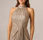 Crinkle Metallic Draped Stretch Halter Gown In Rosegold 3