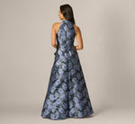 Petite Floral Jacquard Flounce Cascade Gown In Navy Blue Multi 5
