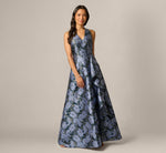 Petite Floral Jacquard Flounce Cascade Gown In Navy Blue Multi 2