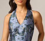 Petite Floral Jacquard Flounce Cascade Gown In Navy Blue Multi 3