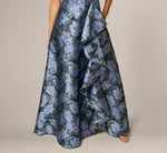 Petite Floral Jacquard Flounce Cascade Gown In Navy Blue Multi 4