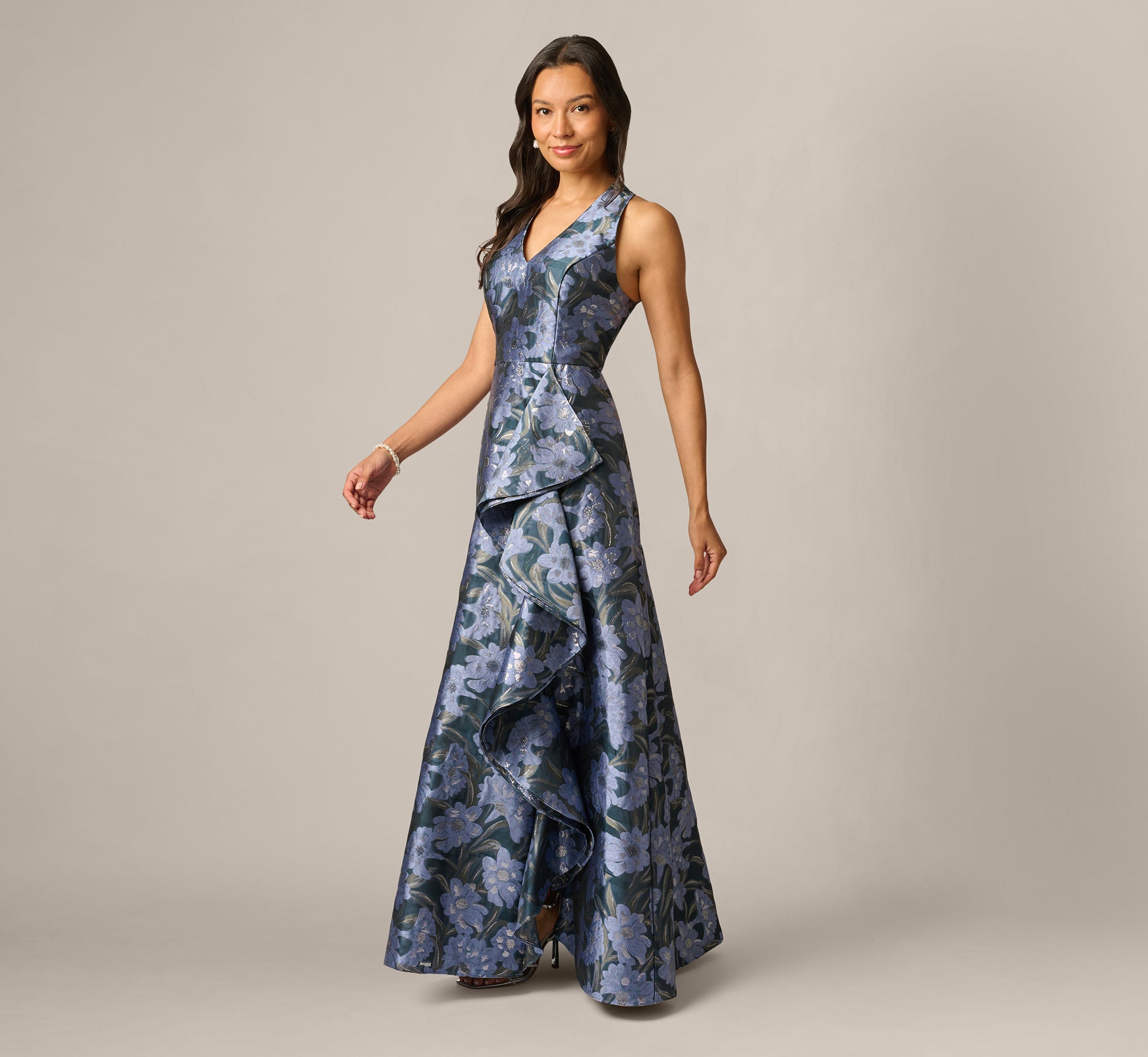 Petite Floral Jacquard Flounce Cascade Gown In Navy Blue Multi 1