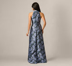 Floral Jacquard Flounce Cascade Gown In Navy Blue Multi 5