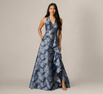 Floral Jacquard Flounce Cascade Gown In Navy Blue Multi 2