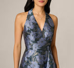 Floral Jacquard Flounce Cascade Gown In Navy Blue Multi 3
