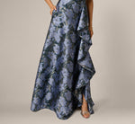 Floral Jacquard Flounce Cascade Gown In Navy Blue Multi 4