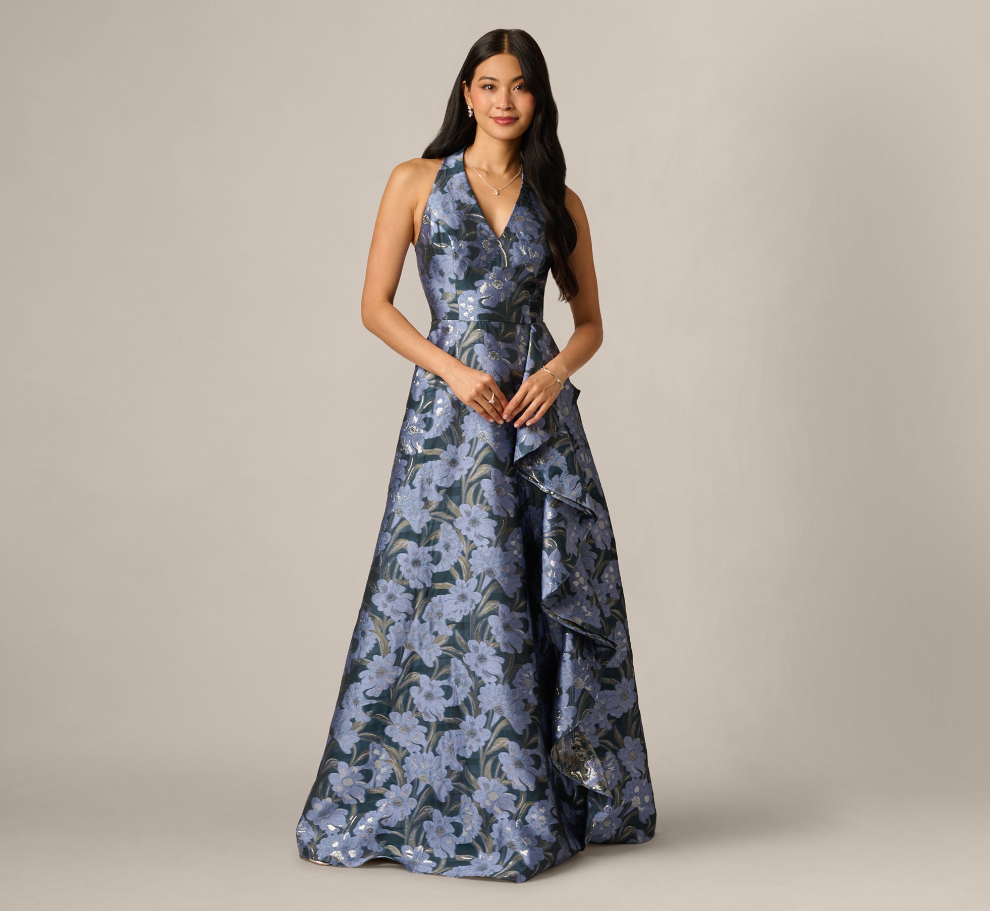 Floral Jacquard Flounce Cascade Gown In Navy Blue Multi 1