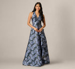 Floral Jacquard Flounce Cascade Gown In Navy Blue Multi 1