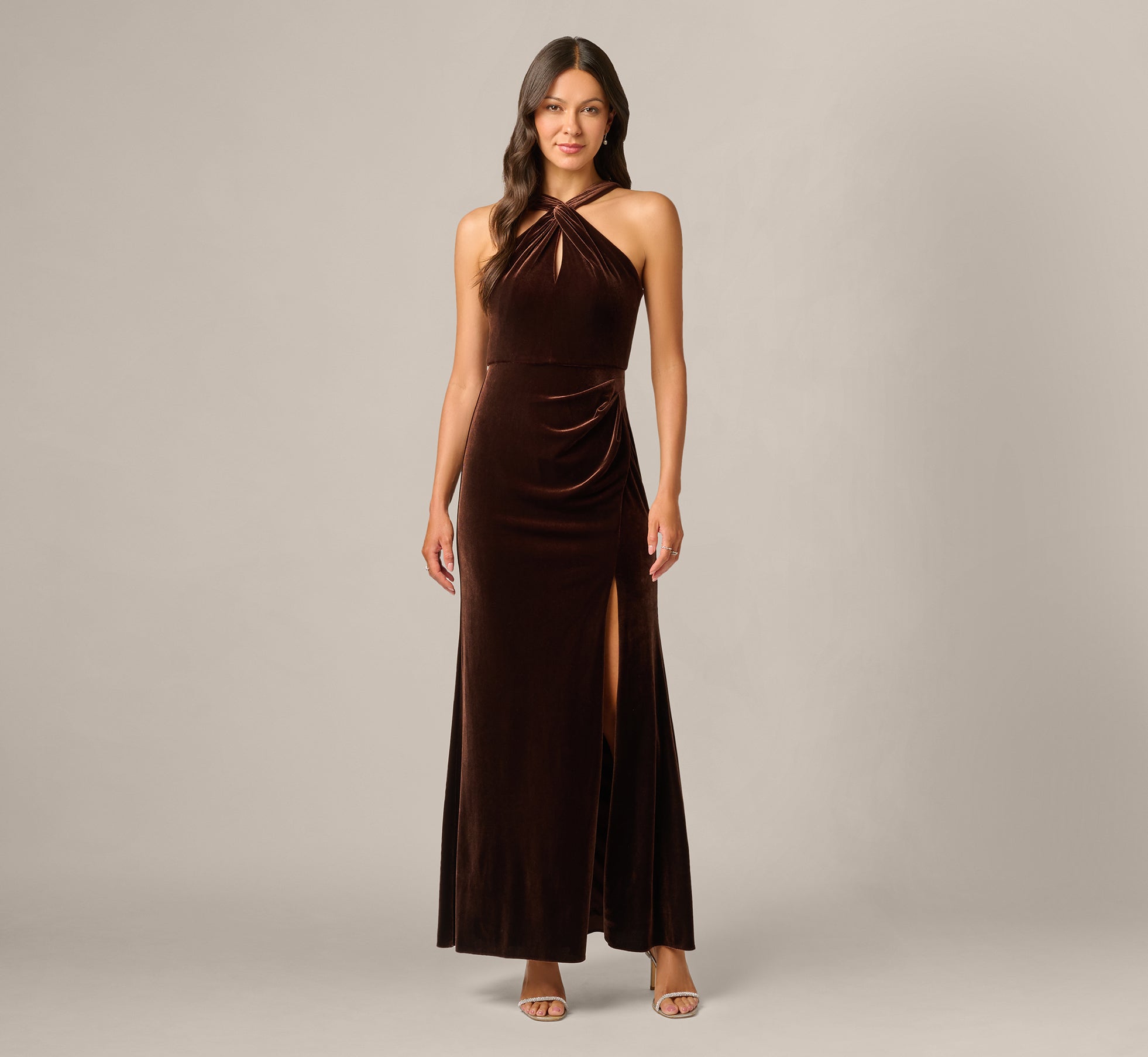 Velvet Keyhole Halter Mermaid Gown In Dark Brown, Dark Brown / Regular / 20 Velvet Keyhole Halter Mermaid Gown In Dark Brown, Dark Brown / Regular / 20