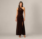 Velvet Keyhole Halter Mermaid Gown In Dark Brown 3