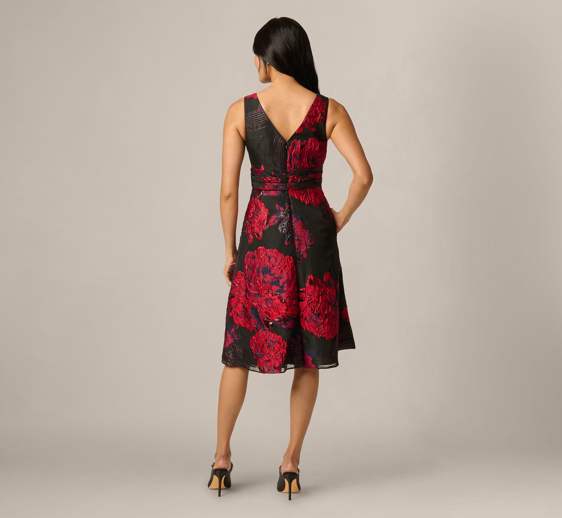 Multi Colored Metallic Chrysanthemum Floral Jacquard Midi Dress
