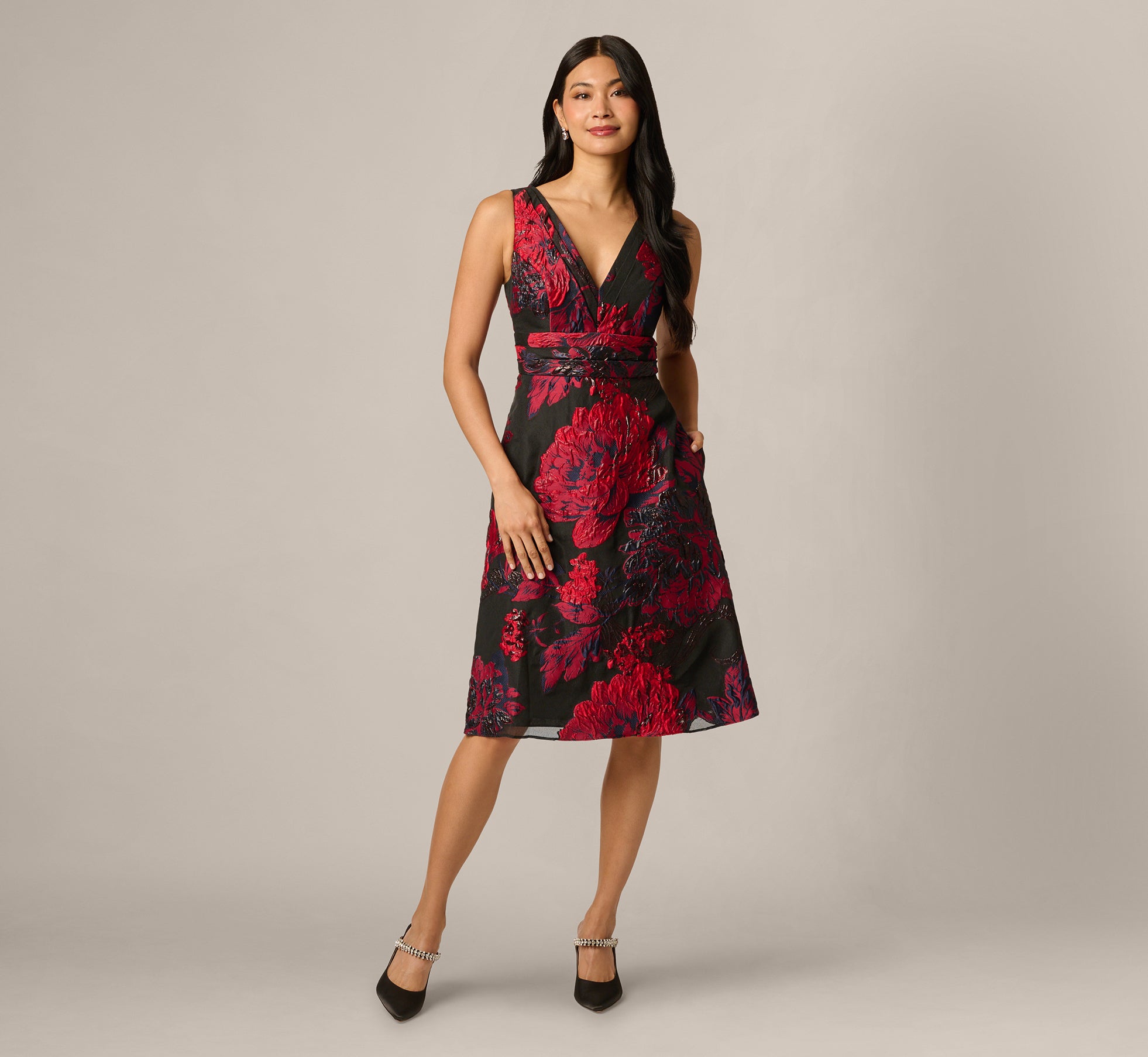 Multi Colored Metallic Chrysanthemum Floral Jacquard Midi Dress