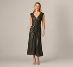 Stretch Metallic Knit Ruched Ankle Length Dress In Black Gold 2