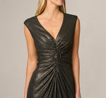 Stretch Metallic Knit Ruched Ankle Length Dress In Black Gold 3