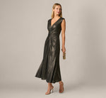 Stretch Metallic Knit Ruched Ankle Length Dress In Black Gold 1