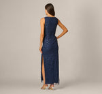 Asymmetrical 3D Floral Sequin Beaded Gown In Light Navy 5