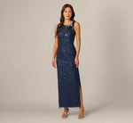 Asymmetrical 3D Floral Sequin Beaded Gown In Light Navy 2
