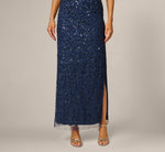 Asymmetrical 3D Floral Sequin Beaded Gown In Light Navy 3