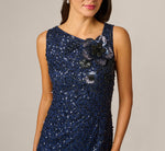 Asymmetrical 3D Floral Sequin Beaded Gown In Light Navy 4