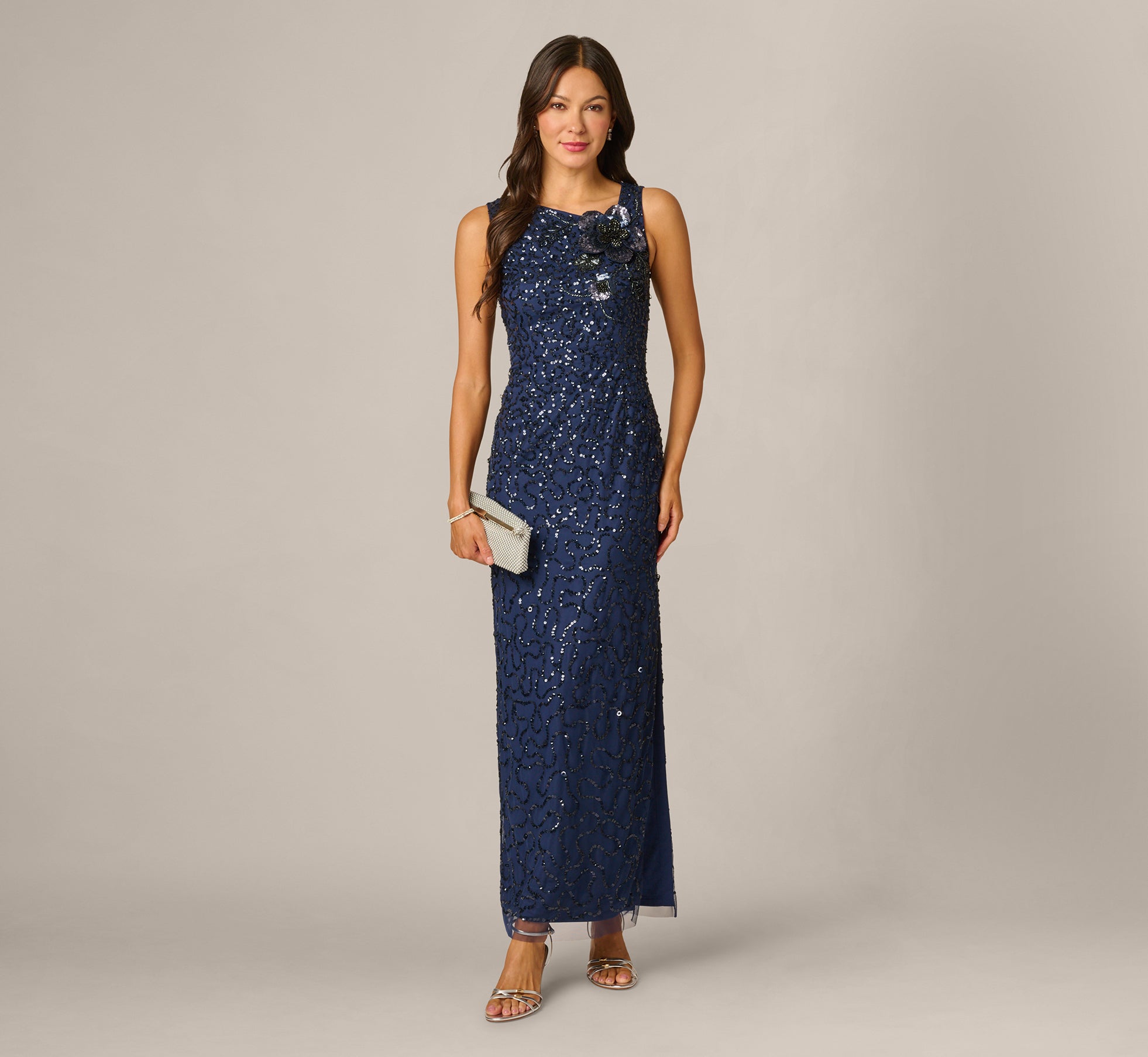Asymmetrical 3D Floral Sequin Beaded Gown In Light Navy 1