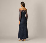 Long Sleeve Floral Off Shoulder Sequin Gown In Navy Rosegold 5