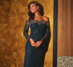 Long Sleeve Floral Off Shoulder Sequin Gown In Navy Rosegold 1