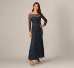 Long Sleeve Floral Off Shoulder Sequin Gown In Navy Rosegold 2