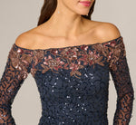Long Sleeve Floral Off Shoulder Sequin Gown In Navy Rosegold 3