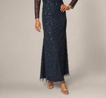 Long Sleeve Floral Off Shoulder Sequin Gown In Navy Rosegold 4
