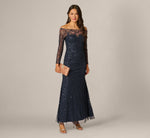 Long Sleeve Floral Off Shoulder Sequin Gown In Navy Rosegold 1