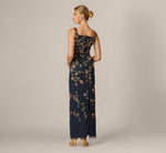 Square Neck Vine Beaded Column Gown In Navy Rosegold 5