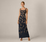 Square Neck Vine Beaded Column Gown In Navy Rosegold 2