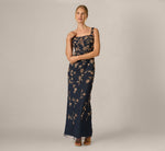 Square Neck Vine Beaded Column Gown In Navy Rosegold 1
