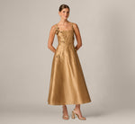 3D Floral Beaded Embroidery Dupioni Ankle Length Dress In Gold 2