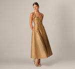 3D Floral Beaded Embroidery Dupioni Ankle Length Dress In Gold 1