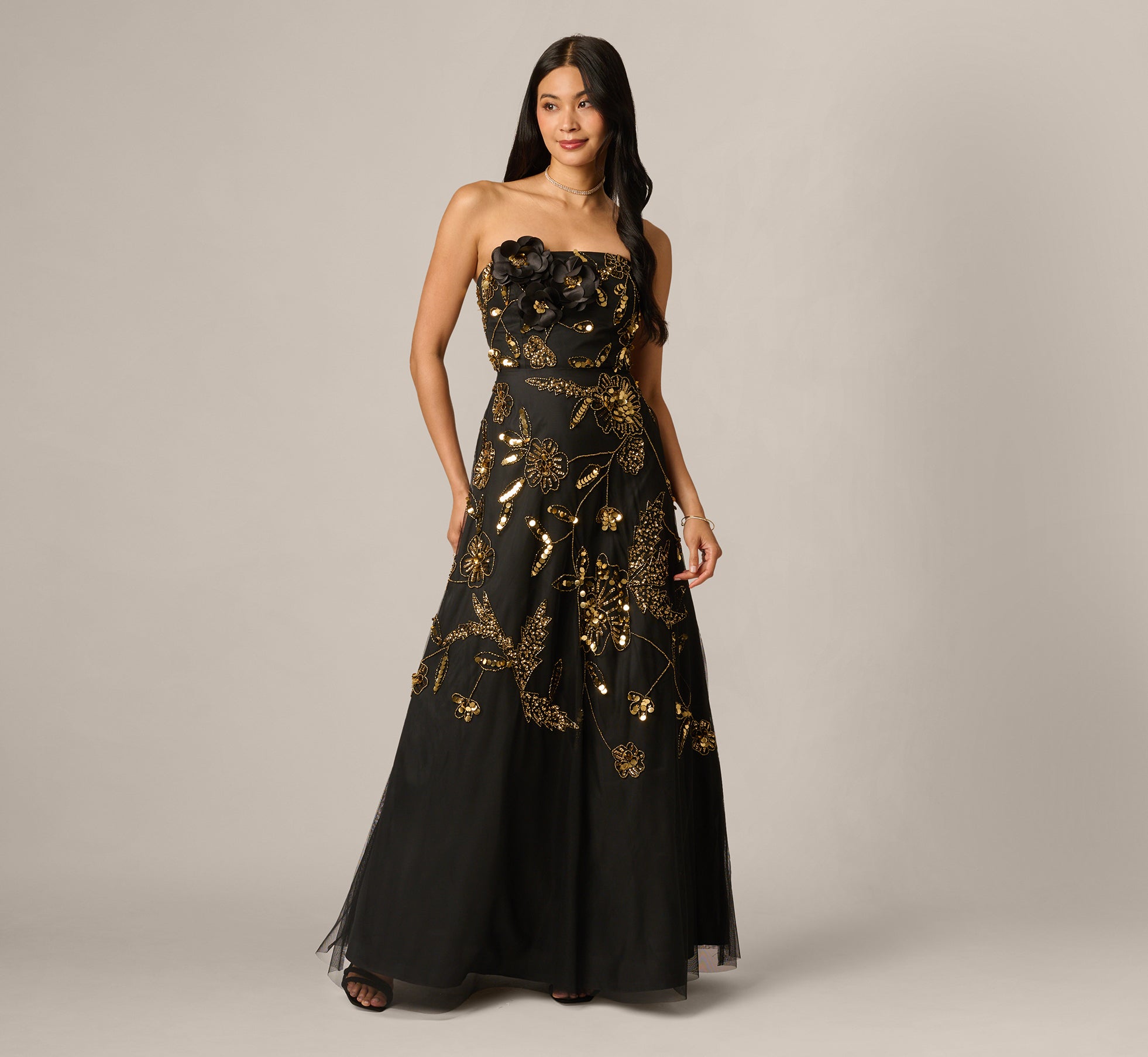 Strapless 3D Floral Beaded Gown In Black Gold 1
